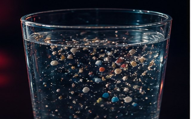 Bicchiere d'acqua con particelle in evidenza