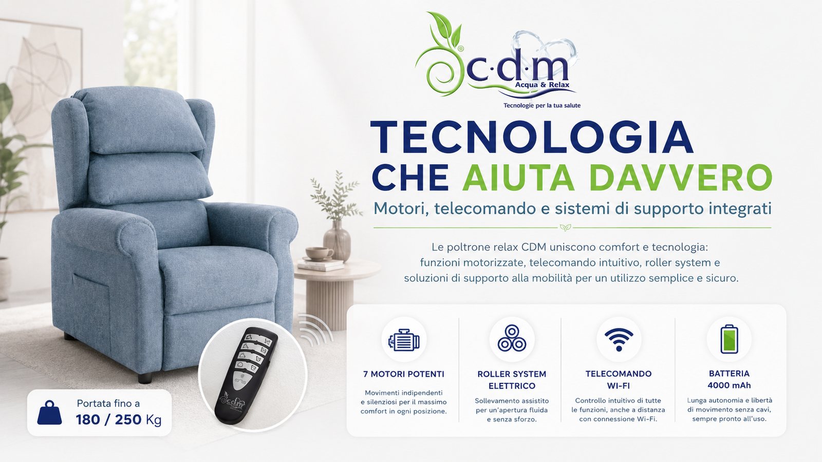 Poltrona motorizzata con telecomando e roller system