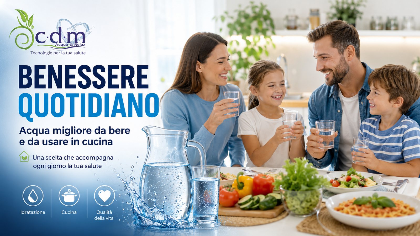 Famiglia che beve acqua durante i pasti