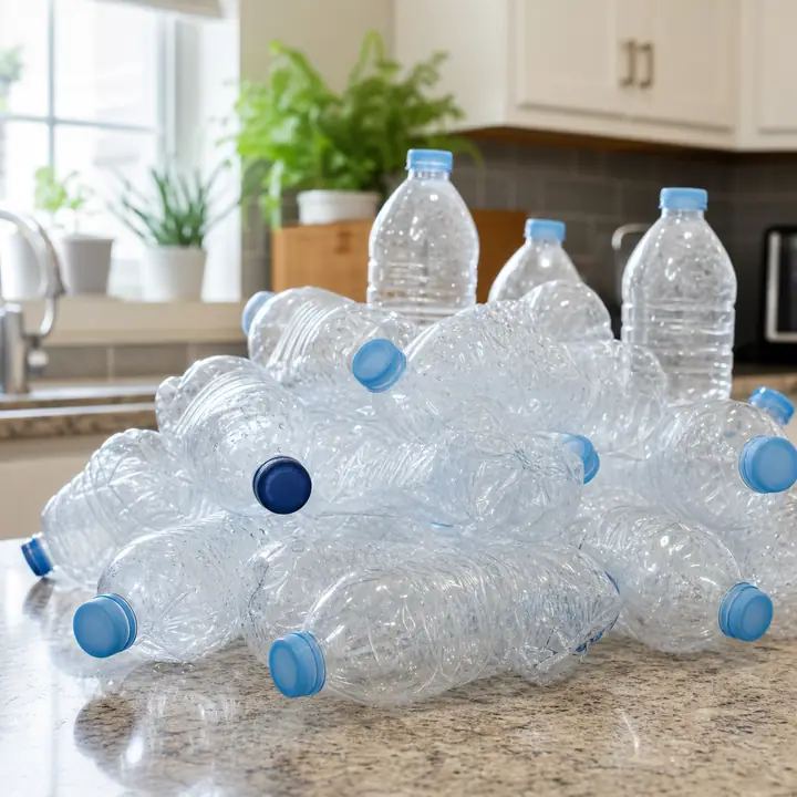 Bottiglie di plastica e casse d'acqua